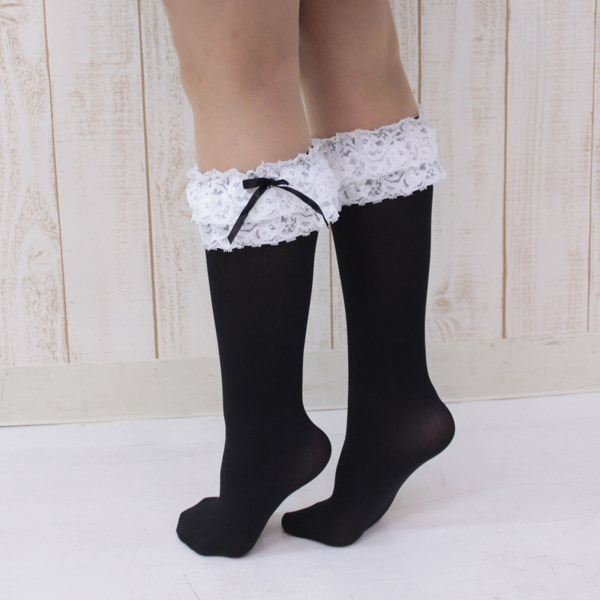 【430円★数量限定】リボン付きレースハイソックス 黒<お一人様1点限り>