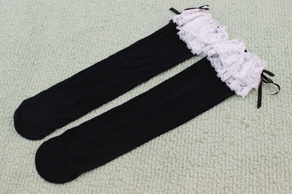 【430円★数量限定】リボン付きレースハイソックス 黒<お一人様1点限り>